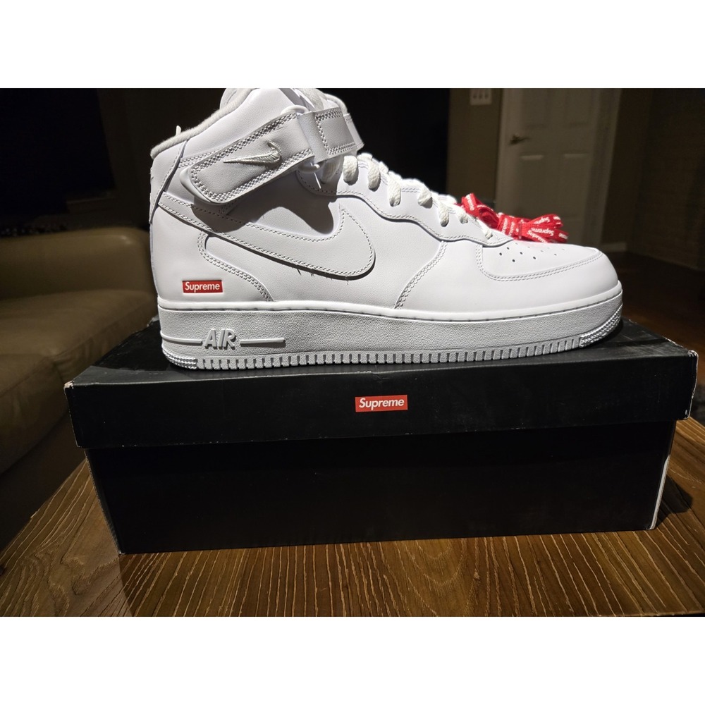 Size 13 - Supreme x Nike Air Force 1 Mid Box Logo - Triple White